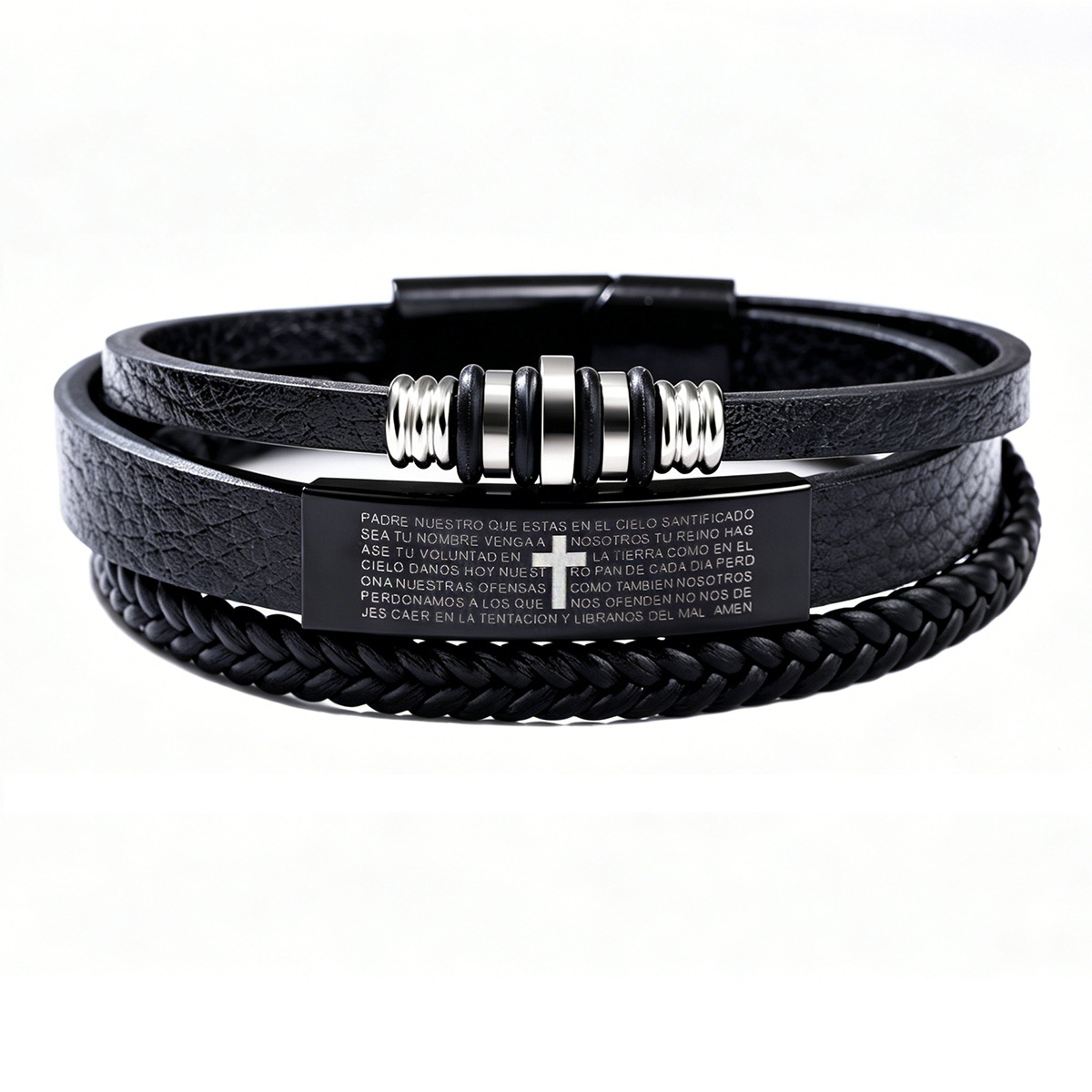 Magnetic Clasp Cosplay - สร้อยข้อมือหนังถักสามชั้นสำหรับผู้ชาย พร้อมจี้สลักรูปกางเขน ตัวล็อคแม่เหล็ก สไตล์วินเทจ สามารถสวมซ้อนกันได้ เครื่องประดับข้อมือแฟชั่น
