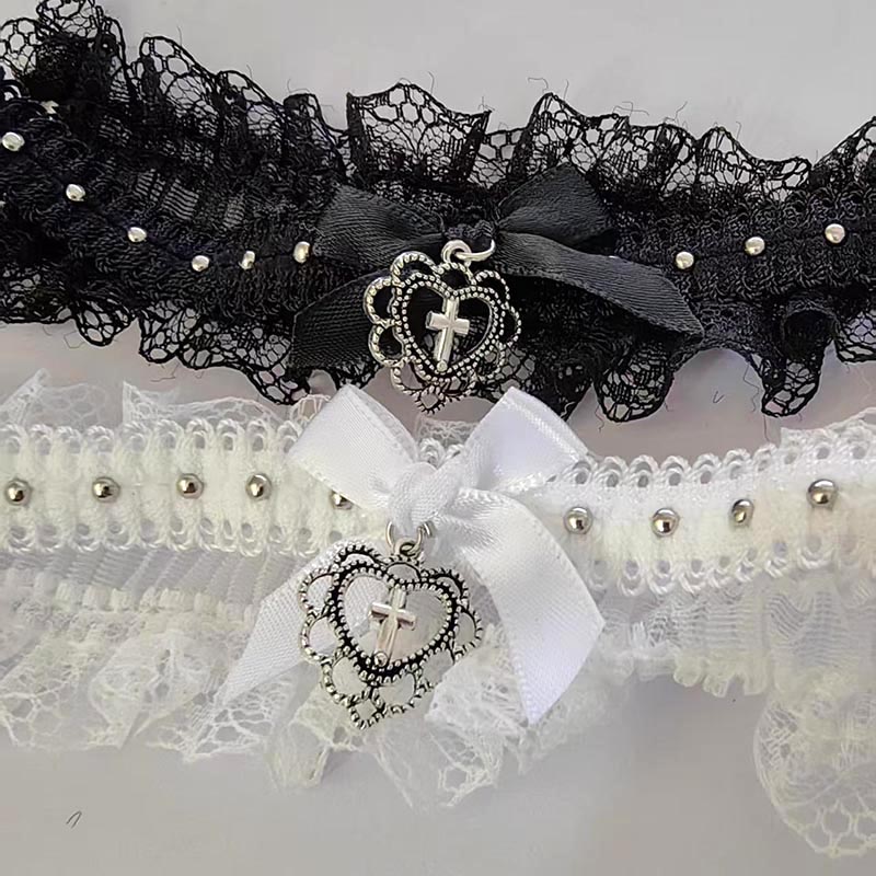 Magnetic Clasp Cosplay - สร้อยคอแบบยืดหยุ่นสไตล์วินเทจ Y2K ประดับโบว์และจี้รูปหัวใจรูปกางเขน พร้อมลูกไม้สีดำสไตล์โกธิค สำหรับสาวๆ แนวพังก์
